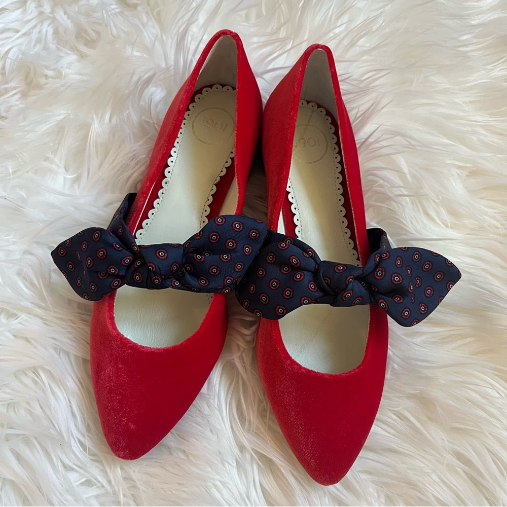 1901 Hamilton Red Velvet Blue Bow Flats